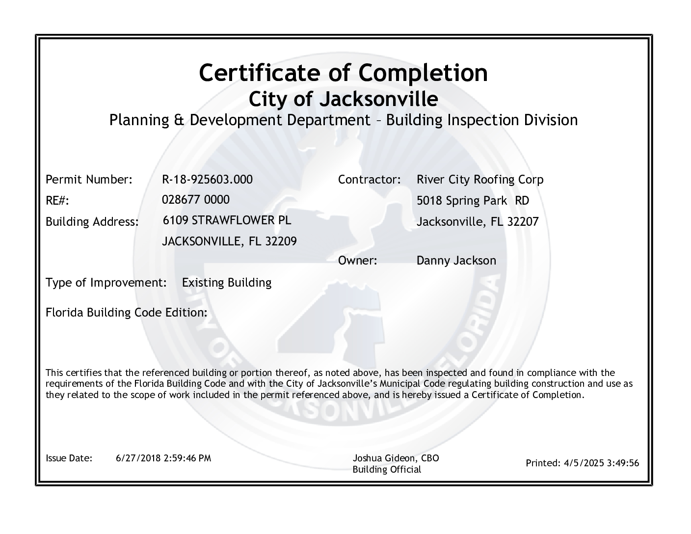 Certificate of re-roofing